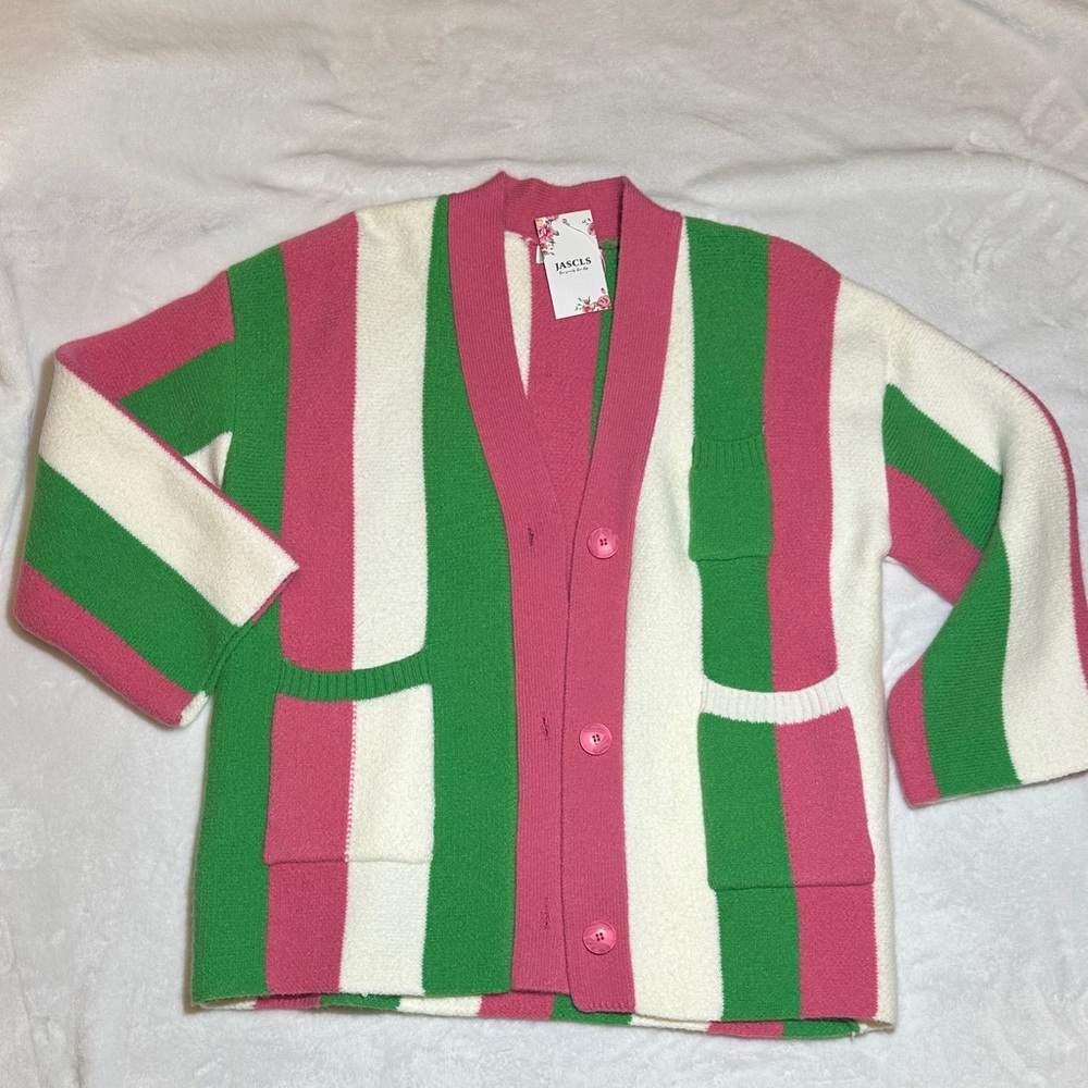 NWT Heavy Knit pink & green stripe cardigan sweater size M